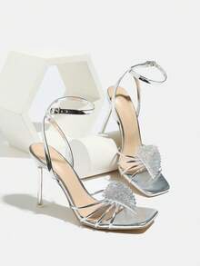 Women's High Heels, Fashion Rhinestone Triangle Design, Sexy Criss-Cross Strap, Square Toe, Electroplated Silver Color, Adjustable Ankle Strap, Soft Snakeskin Texture, Suitable For Spring/Summer, Night Party, Travel, Shopping, Gathering, Ball, Commuting, Runway, Elegant, Avant-Garde, Luxurious, Versatile With Autumn Outfits, High-End Banquet, Stylish Silver High Heel Sandals - Silver - View 6