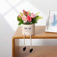 创意长腿花盆，可爱悬挂式花盆，灰色花盆搭配人造多肉植物，室内装饰，迷你多肉盆栽，男女通用办公室装饰，仿真植物装饰或笔筒，家居及办公桌配件和礼品，精致人造多肉桌面摆件