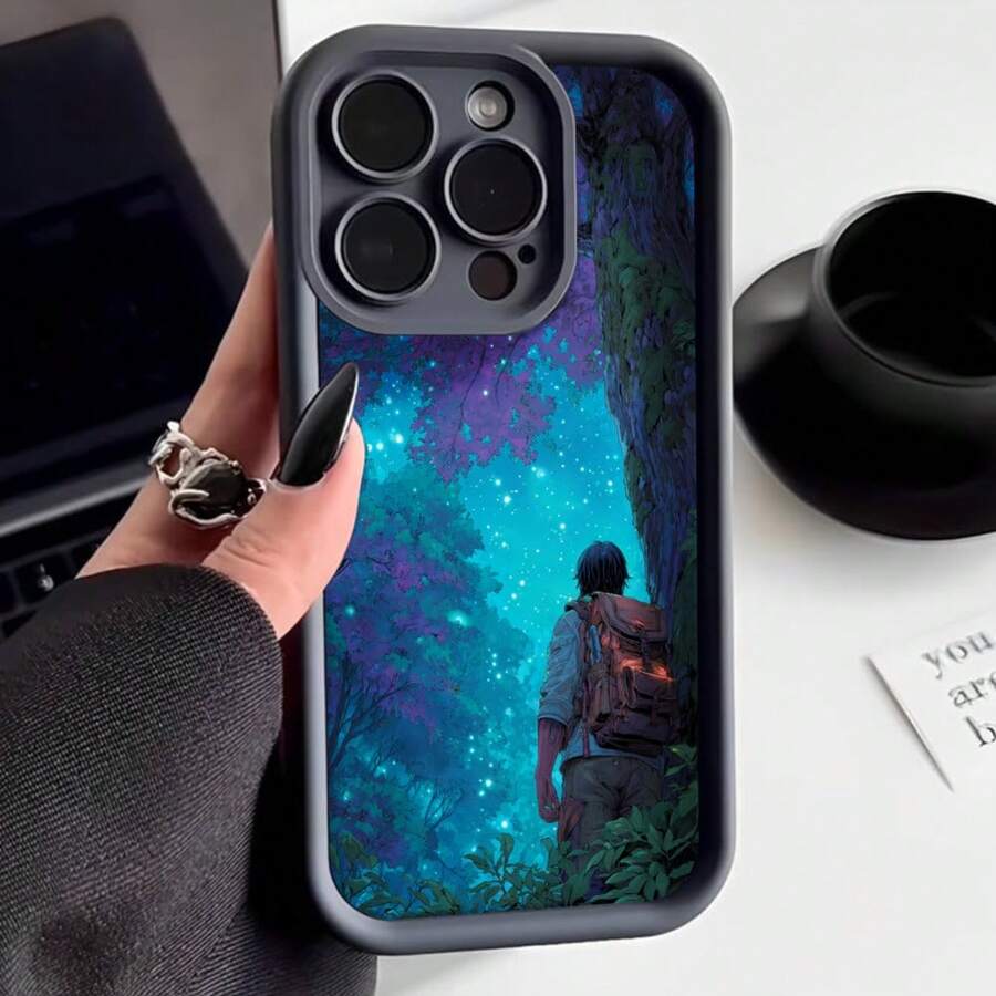 Cubierta de telefono con borde negro diseño de bosque mágico con estrellas y viajero con mochila para uso diario y viajes - Negro - Ver 1