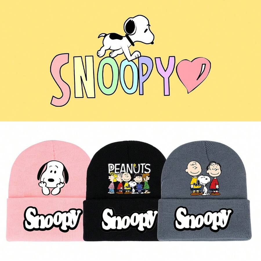 SNOOPY 1pc  Tricolor Beanie Hat, Suitable For Teenagers In Autumn/Winter, Rolled Edge Knit Cap, Round Head Warm, Solid Color, Minimalist Wool Hat, Casual Style, Can Be Used As Christmas Gift, Christmas Stocking Stuffer, Christmas Decoration - Multicolor - View 1