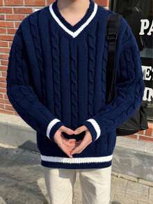 1pc V-Neck Sweater, Casual & Fashionable College Style For Teenage Boys, Autumn/Winter