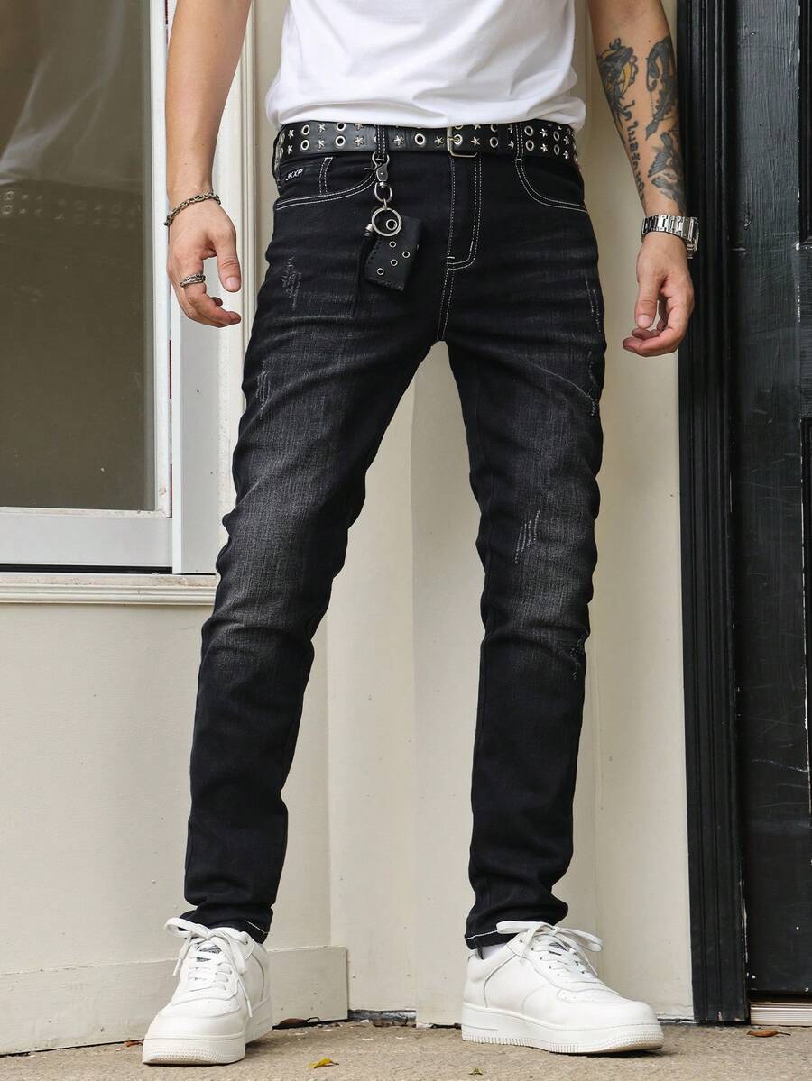 Men's Cat Scratch Textured Elastic Slim Fit Straight Leg Jeans, Loose Fit Long Style, Horseshoe Wash, Retro Blue, Y2K Style, Suitable For Casual Outings With Friends - Black - View 1