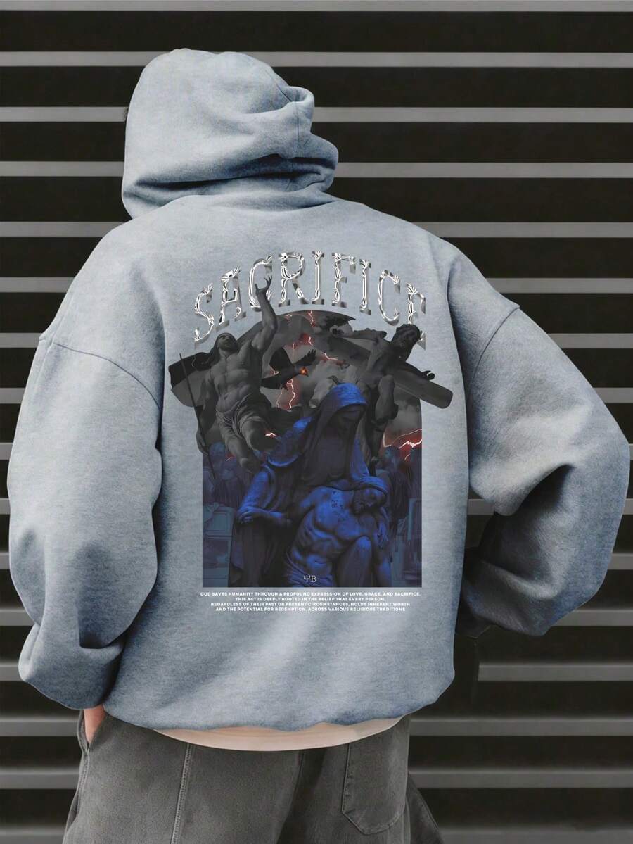 男士冬季保暖内衬卫衣,灰色套头衫,印花长袖卫衣,时尚百搭,适合年轻男士,采用聚酯纤维制成 - 灰色 - 查看 1