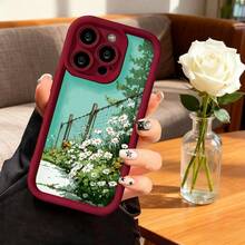 Cubierta de telefono con borde negro diseño de campo de margaritas y valla de madera para iPhone 14 Pro Max estilo natural fresco ideal para uso diario y viajes - Café integral - Ver 5