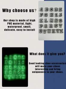 26pcs Glow-In-The-Dark Letter Series Shoe Charms, Suitable For Slippers & Sandals, PVC Shoe Decoration Accessories, Unisex, Christmas, Birthday, Party Gifts - Luminous - View 4