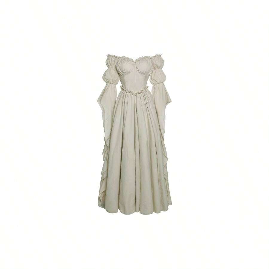 Vestido de disfraz medieval y renacentista, vestidos de época victoriana y regencia para mujeres - Grande / Extragrande + Beige - Ver 1