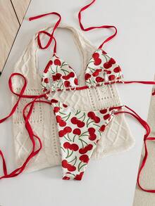 Sultry Sol Bộ bikini buộc dây cổ yếm in hình quả anh đào, gợi cảm, thanh lịch và thoải mái, chất liệu co giãn cao, đồ bơi mùa hè dành cho nữ, thích hợp cho bãi biển, khu nghỉ dưỡng, tiệc bể bơi và kỳ nghỉ. - Nhiều màu - Xem 5