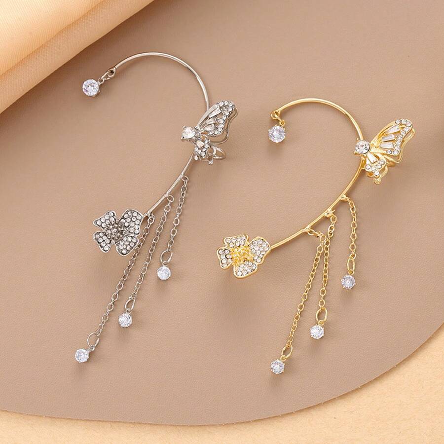 European And American New Style Butterfly Ear Cuff Ear Bone Clip Non-Pierced Earrings Niche Super Fairy Tassel Light Luxury Ear Jewelry - 銀色左耳 - 查看 1