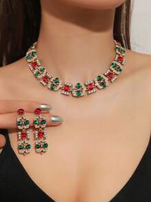 3pcs Luxury Jewelry Set: Necklace, Earrings, Colorful Crystal Inlaid Gold Plated, Suitable For Middle Eastern Wedding, Women Punk Jewelry Necklace, Wedding Party Accessories - Colorful - View 1
