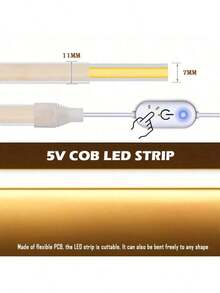 1pc USB Neon Light Strip, Touch Control Switch, 5V COB Flexible Rope Light, 320 LEDs/M, Bright Yet Non-Glaring, Suitable For Recessed/Surface Mount, With Clips & Adhesive Backing, Ideal For Ambient Lighting, Fashionable Illumination, High Brightness, Durable LED, Gamer Gear, Holiday Decor For Halloween, Christmas, Ramadan, New Year, Etc.