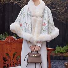 Perfect Gift Choice - Chinese Style Pearl Button Shawl With Faux Rabbit Fur Trim - Elegant Retro Solid Color Cape In Yellow & Pink For Christmas Parties, Bridal Events & Special Occasions - Women's Thermal Winter Wrap For Daily Wear, Travel & Evening Even - 黃色 - 查看 2