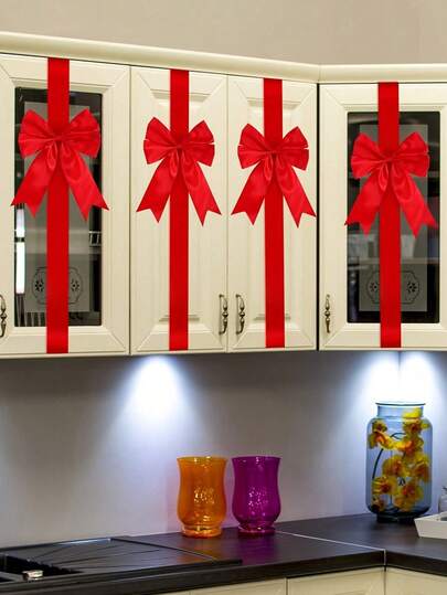 1pc Christmas Holiday Decorative Bow With Ribbon - Includes Double-Sided Tape, No Installation Required, Suitable For Seasonal Celebrations, Reusable Non-Electric Cabinet Decor, Also Suitable For Halloween Decoration