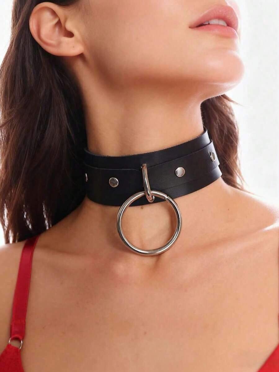 1PC PU Leather Choker Necklace With Round Ring, Women Punk Collar, Choker Dark Goth, Adjustable Fashion Street Style Cool Choker - Multicolor - View 1