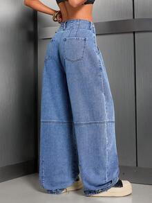 Quần jeans ống rộng phong cách bohemian thường ngày dành cho nữ, quần denim dài dáng rộng không co giãn với chi tiết cúc và khóa kéo, túi kiểu Y2K, tạo vẻ ngoài thoải mái. - Rửa trung bình - Xem 4