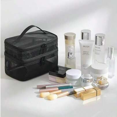 1PC.Festive Holiday Organizer: Clear Christmas Travel Toiletry Bag With Multiple Mesh Layers