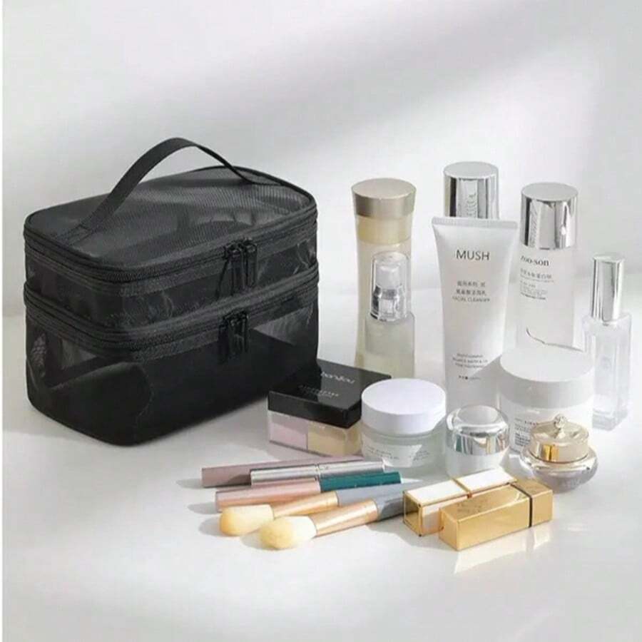 1PC.Festive Holiday Organizer: Clear Christmas Travel Toiletry Bag With Multiple Mesh Layers - Multicolor - View 1