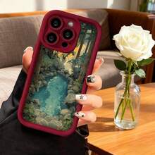 Cubierta de telefono con borde negro diseño bosque con arroyo y ciervo para iPhone 14 Pro Max protector de pantalla resistente al impacto estilo natural ideal para uso diario y viajes - Café integral - Ver 5