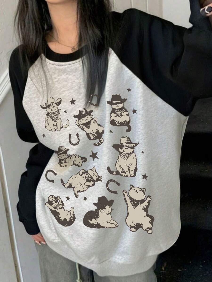 1件少女圆领可爱活泼猫咪主题彩色拼接宽松卫衣,长袖套头衫,返校季,毕业季 - 黑色 - 查看 1