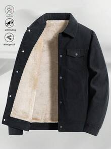 1pc Black Corduroy Thermal Lined Long Sleeve Jacket, Outdoor Camping Style, Water-Resistant & Wind-Proof, Sherpa Lining For Warmth, Turndown Collar, Multi-Pocket Design, Practical For Outdoor Activities & Team Building - Black - View 14