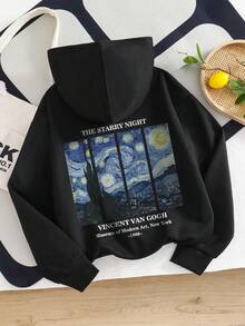 这款少女休闲卫衣印有梵高《星夜》图案和字母，适合春秋季穿着，是购物、上学、旅行和聚会的理想之选。 - 黑色 - 查看 1