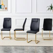 Black PU Dining Chair In Nordic Style (Four Chairs Inside A Box) - With Mesh Stitching Design, Shiny Silver Metal Legs And Non-Slip Feet, Simple Versatility. - Black+Gold + Metal + PU Leather + Set Of 4 - View 4