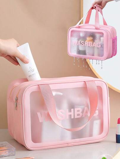 1pc Double-Layer Travel Cosmetic Bag, Multi-Functional PVC Toiletry Bag, Dry And Wet Separation Toiletry Bag, Beauty Storage Bag, Portable Cosmetic And Makeup Brush Storage Bag, Waterproof Skin Care Product Storage Bag, Bathroom Beauty Storage Bag