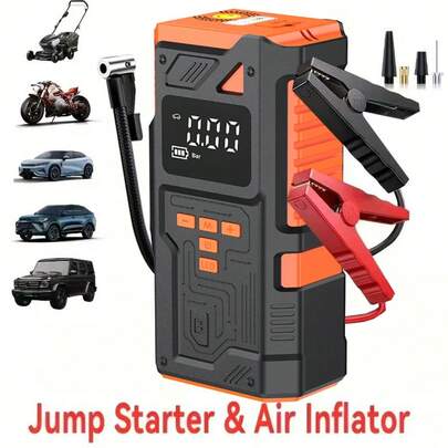 5-In-1 Multifunctional Air Compressor, 150PSI Digital Tire Inflator, Air Compressor, Car Battery Charger And LED Flashlight - Portable For 10L Gasoline Or 9.0L Vehicles, Includes Various Adapters, Orange ABS Material, Emergency Car Tool | Lighting Function | Safety Hammer Design!, Compact Design, Multifunctional Device, Roadside Assistance