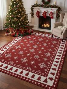 1pc Christmas Carpet, Red Snowflake Design Decorative Carpet, Suitable For Living Room Carpet, Rug, Living Room Area Rug, Area Small Rug, Mat, Home Decor, Large Living Room Carpet, Round Carpet, Living Room Home Decor, Room Decor, Washable Carpet, Plush Carpet, Furry Carpet, Autumn/Winter Carpet, Thick/Plush Kitchen Rug - Multicolor - View 3