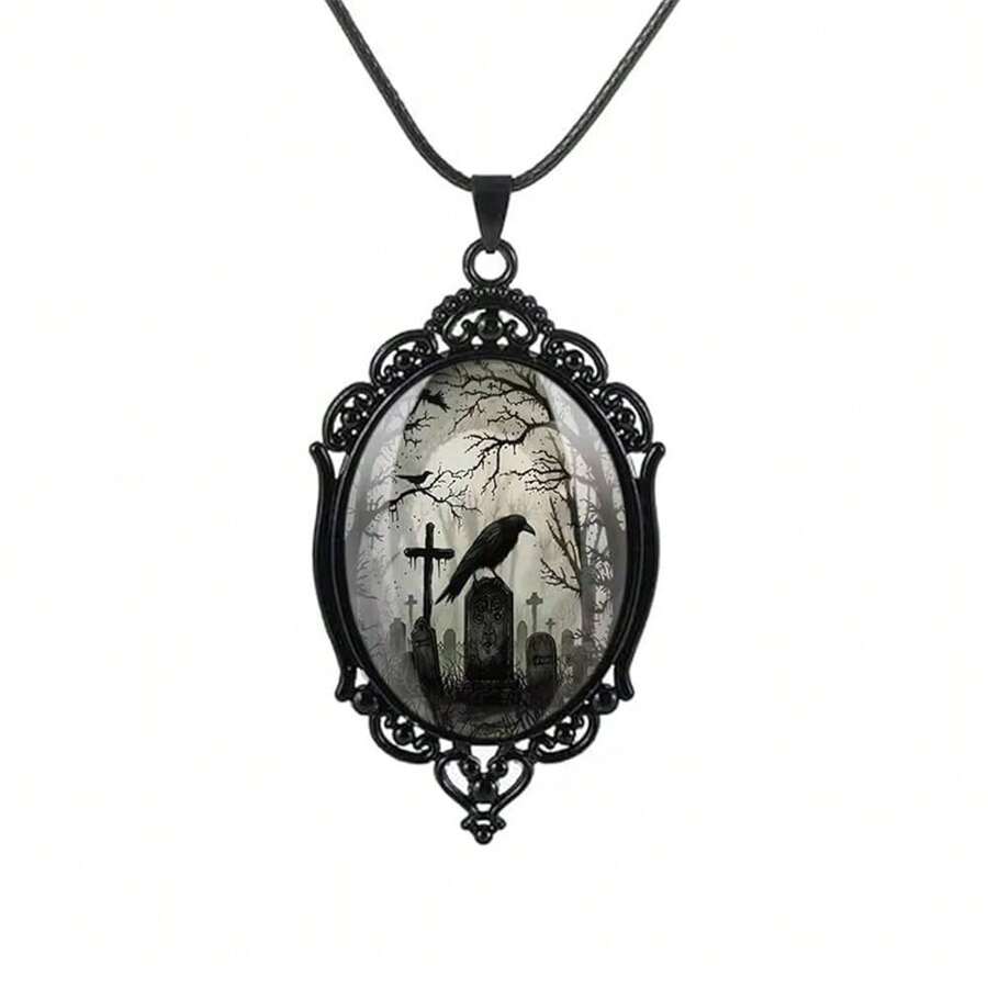 PINK TOWN Gothic Raven Castle Pendant Necklace,Vintage Cameo Glass Pendant Necklace Punk Style Victorian Choker Necklace Goth Raven Cabochon Choker Mystic Witch Halloween Jewelry For Women{Inchcolor_nameinch:InchRaveninch} - 烏鴉 - 查看 1