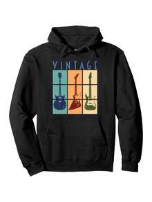 Sudadera con capucha de guitarra retro para hombres - 250g estilo de las cuatro estaciones, sudadera con capucha de tema musical clásico, adecuada paraúsicos y fanáticos de laúsica para uso casual y de escenario, lavable aáquina (negro) - Negro - Ver 1