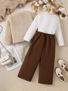 3 件套女童秋冬时尚蓬松开衫外套、长袖字母印花打底衫、加厚保暖直筒裤套装 - 杏色 - 查看 2