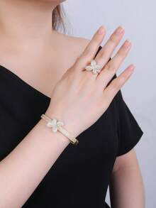 2pcs Copper Bracelet & Ring Jewelry Set, Floral Zirconia Design, Fashionable & Charming, Suitable For Gifts And Daily Wear - 026224 - View 9