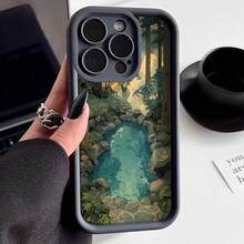 Cubierta de telefono con borde negro diseño bosque con arroyo y ciervo para iPhone 14 Pro Max protector de pantalla resistente al impacto estilo natural ideal para uso diario y viajes - Café integral - Ver 3