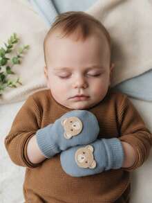 3pcs/Set Embroidered Bear Design Baby Boy Mittens, Cartoon Knitted Thick Warm Gloves, Candy Colors, Suitable For Autumn/Winter, 0-12M