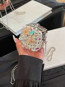 New Fashionable Niche Design Mini Bow Versatile Lipstick Earbud Coin Purse Women's Chain Shoulder Crossbody Bag (Handmade, Random Color, Quantity And Position Of Rhinestones) - Silver - View 5