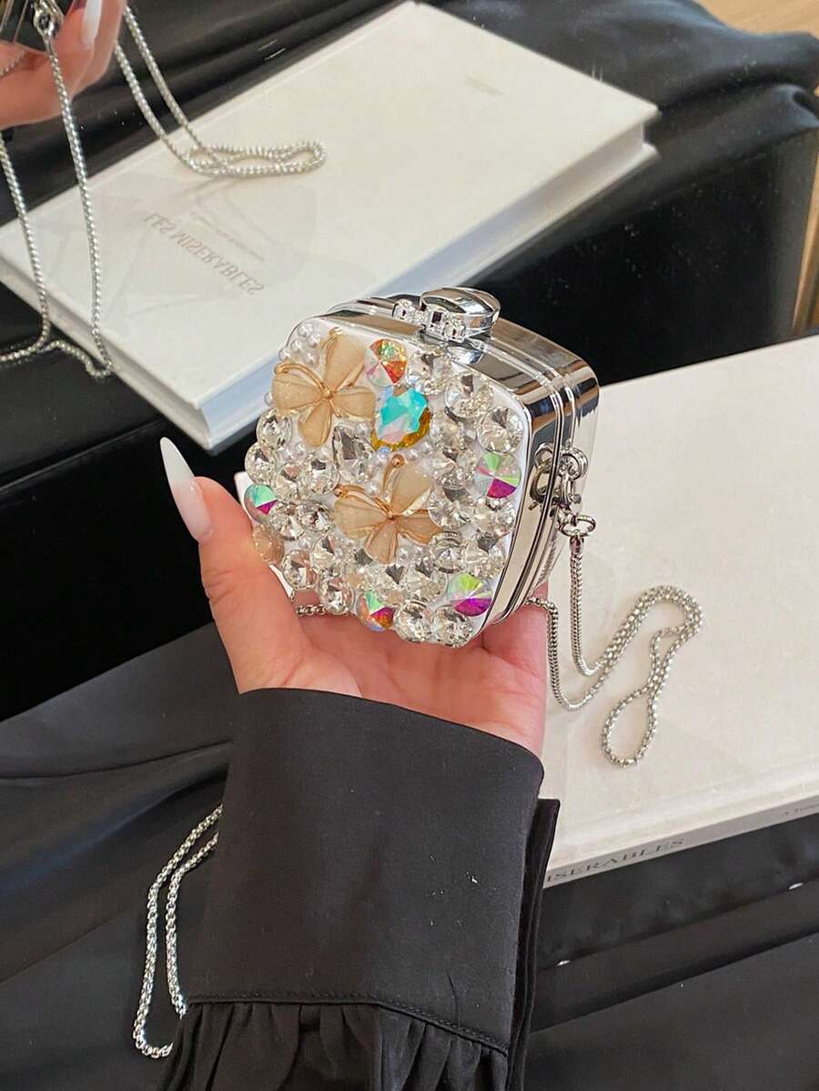 Nuevo diseño de nicho de moda Mini lazo Versátil Estuche para lápiz labial, auricular, monedero Bolso bandolera cruzado de hombro para mujer (Hecho a mano, color aleatorio, cantidad y posición de los rhinestones) - Plateado - Ver 1