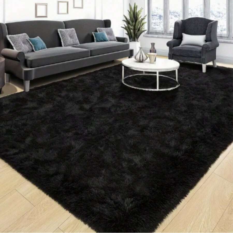 1pc Luxury Black Fluffy Carpet, Decorative Rug, Carpet Living Room, Kitchen Mat, Carpet For Bedroom, Bathroom Mat