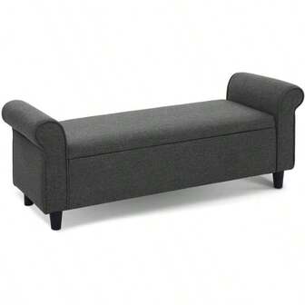 Upholstered Storage Ottoman Foot Rest Stool Bench Padded Seat Blanket Box Chest Bedroom Living Room Indoor 124.5 X 42 X 49cm With Armrest Grey Faux Linen Fabric Open Lid Heavy Duty