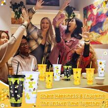 Set/24 Pcs Bee Theme Party Favors Set Include 24oz Honey Bee Plastic Cups With Lids And Straws And Silicone Bracelets Wristbands Reusable Plastic Tumblers For Birthday Party - ĐenTrắngvàVàng - Xem 4