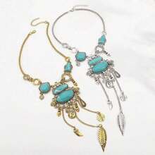 1PC New  Exaggerated Pattern Inlaid Turquoise Alloy Women's Necklace Vintage Design Y-Shaped Choker, Elegant Women's Pendant Necklace,Suitable For Multi-Scenario Wear, A  Accessory, And An Ideal Gift - 金色 - 查看 4