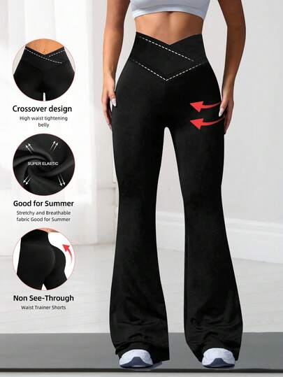 [Extremadamente suave] Pantalones acampanados con elástico cruzado, pantalones minimalistas de cintura alta para ir al trabajo y yoga, leggings deportivos casuales y sexys, diseño de una sola pieza que levanta el trasero, ropa deportiva para mujer, tela de punto, elástica y cómoda, adecuada para uso diario y entrenamiento