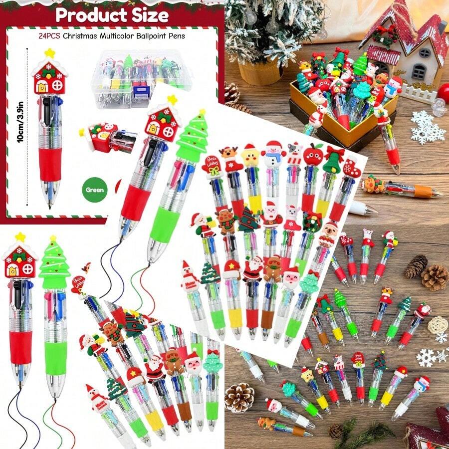 24 Pcs Christmas Multicolor Ballpoint Pens Bulk 4 Colors In 1 Retractable 0.7mm Xmas Fun Cute Writing Pens For Students Holiday Party School Office Supplies - 彩色 - 查看 1