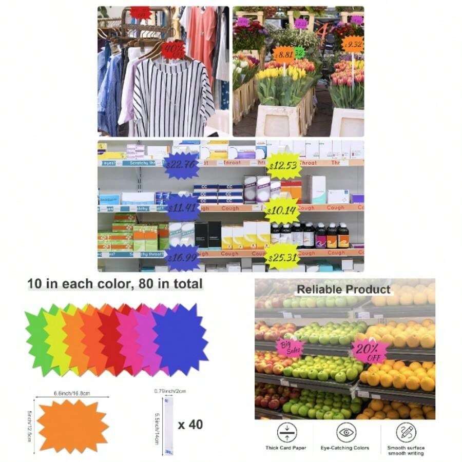 120 Pieces Starburst Signs Retail, 5*6.6 Inch Fluorescent Garage Stickers, Multicolor Signs Retail Store, Garage Supplies, Yard Stickers With PVC Sticky Transparent Strip - Colorful - View 1