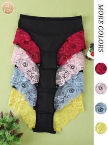 4pcs Women's Sexy Lace Trim Panties, Black Comfortable Lace Patchwork Underwear - Multicolor - View 1