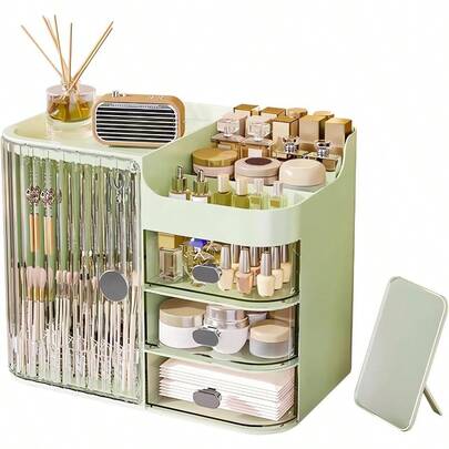 Makeup Organizers For Vanity Large Capacity Desk Organizers For Cosmetics With 3Layer Drawers And Mirror Cosmetics Display Case With Transparent Cover Ideal For Bedroom Vanity Desk Green
