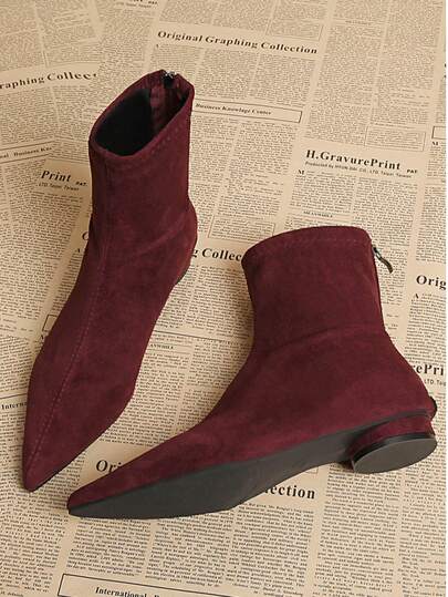 Fashionable Burgundy Suede Low Heel Women's Dress Boots, Pointed Toe With Back Zipper Short Ankle Boots, Suitable For Business, Party, Wedding, Nightclub