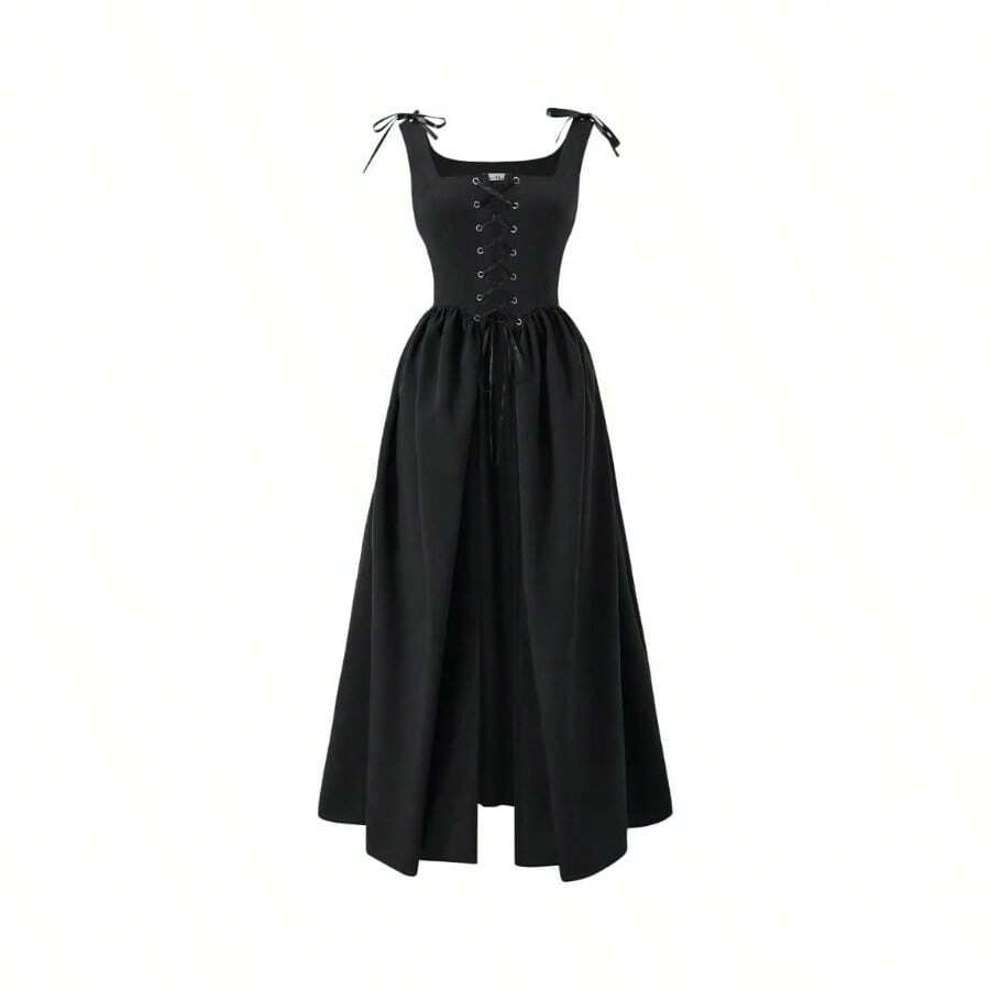 Women's Peasant Overdress With Adjustable Laces Pockets, Renaissance Corset Dress Halloween, Medieval Festival - 黑色+XXL碼 - 查看 1
