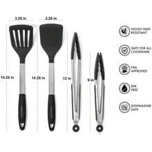 Daily Kitchen - Espátulas de Cocina de Silicona Resistente Calor y Acero Inoxidable - Pinzas y Volteadores con Agarre de Goma - Pinzas de Silicona Flexibles para Cocinar y Utensilios de Cocina(Turners and Tongs 4-Set) - Tipo 1 - Ver 4