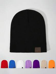 1 件男女通用 Y2K 风格纯黑色短款无檐针织帽，户外冬季保暖休闲百搭帽子，适合通勤秋季装 - 純色針織帽 - 查看 18