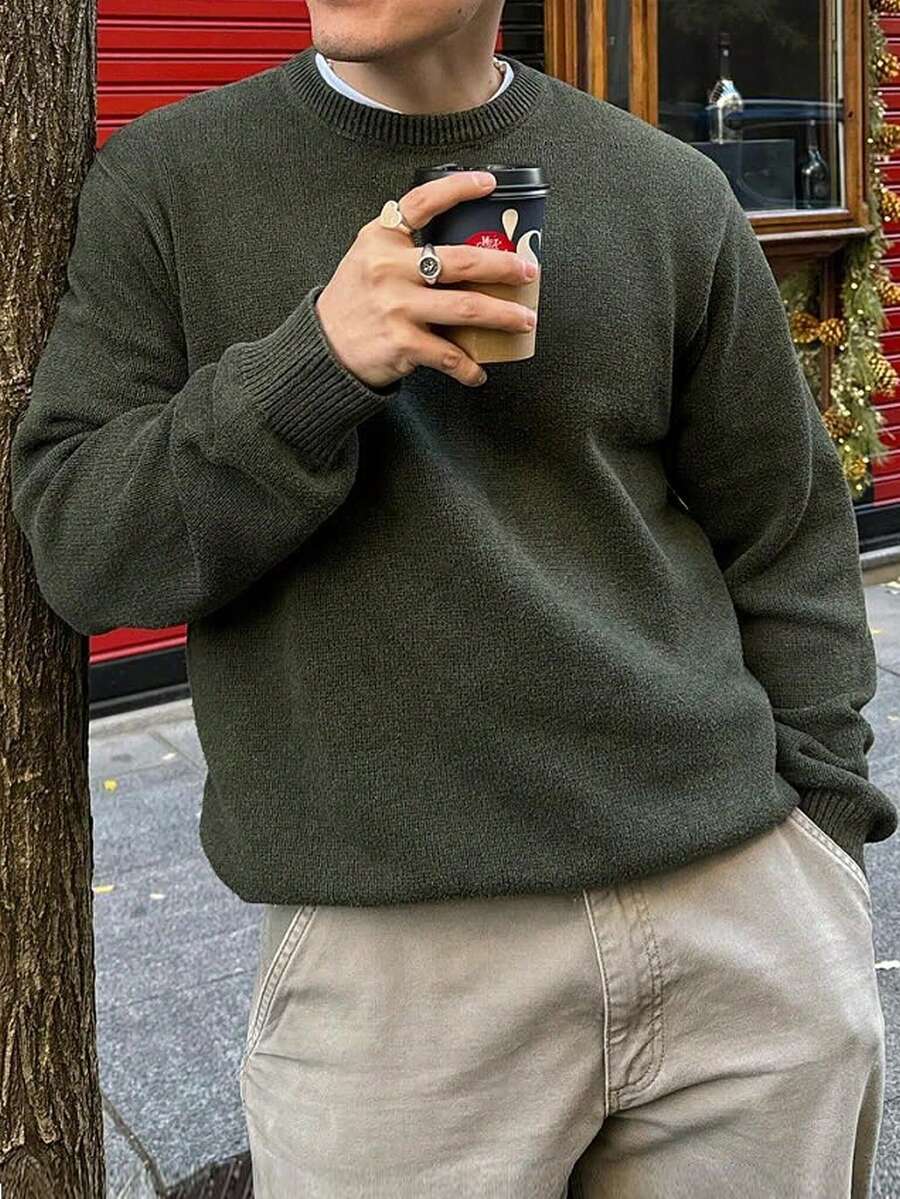 男士休闲宽松简约通勤高端日常百搭纯色针织长袖圆领套头毛衣,秋冬款 - 墨綠色 - 查看 1